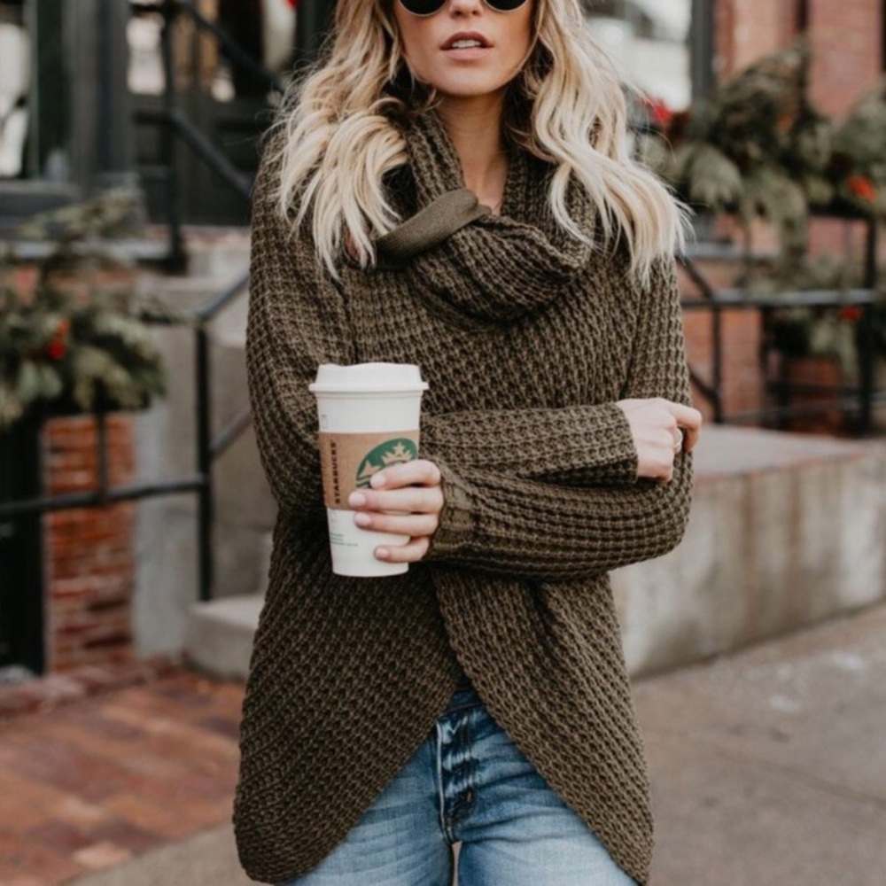 Cowl Neck Button Front Knit Brown Sweater.